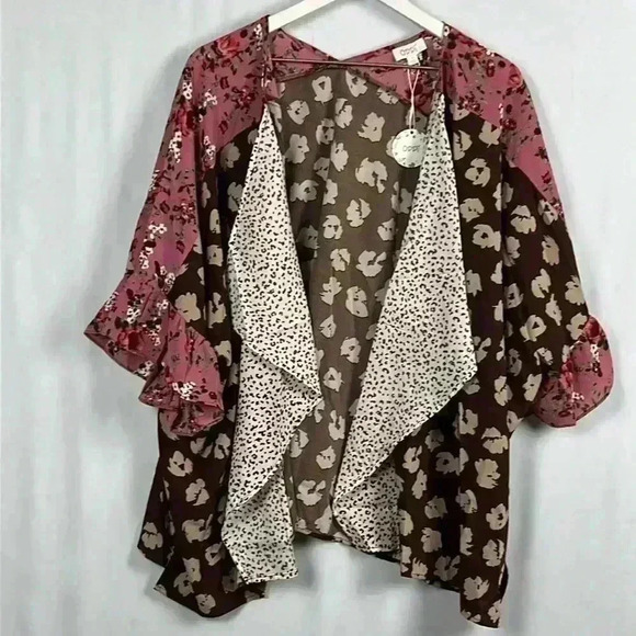ODDY Kimono Long Bell Sleeve Open Front Peplum Cuff Multi Pattern Browns S - Picture 1 of 9